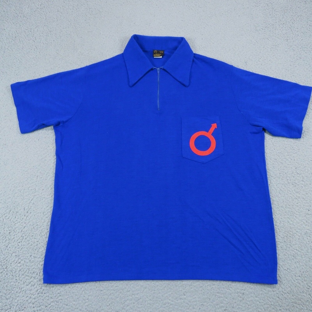 VTG 70s Sears Mens XL Blue Acrylic Zip Polo Shirt Made in USA Male Symbol Retro